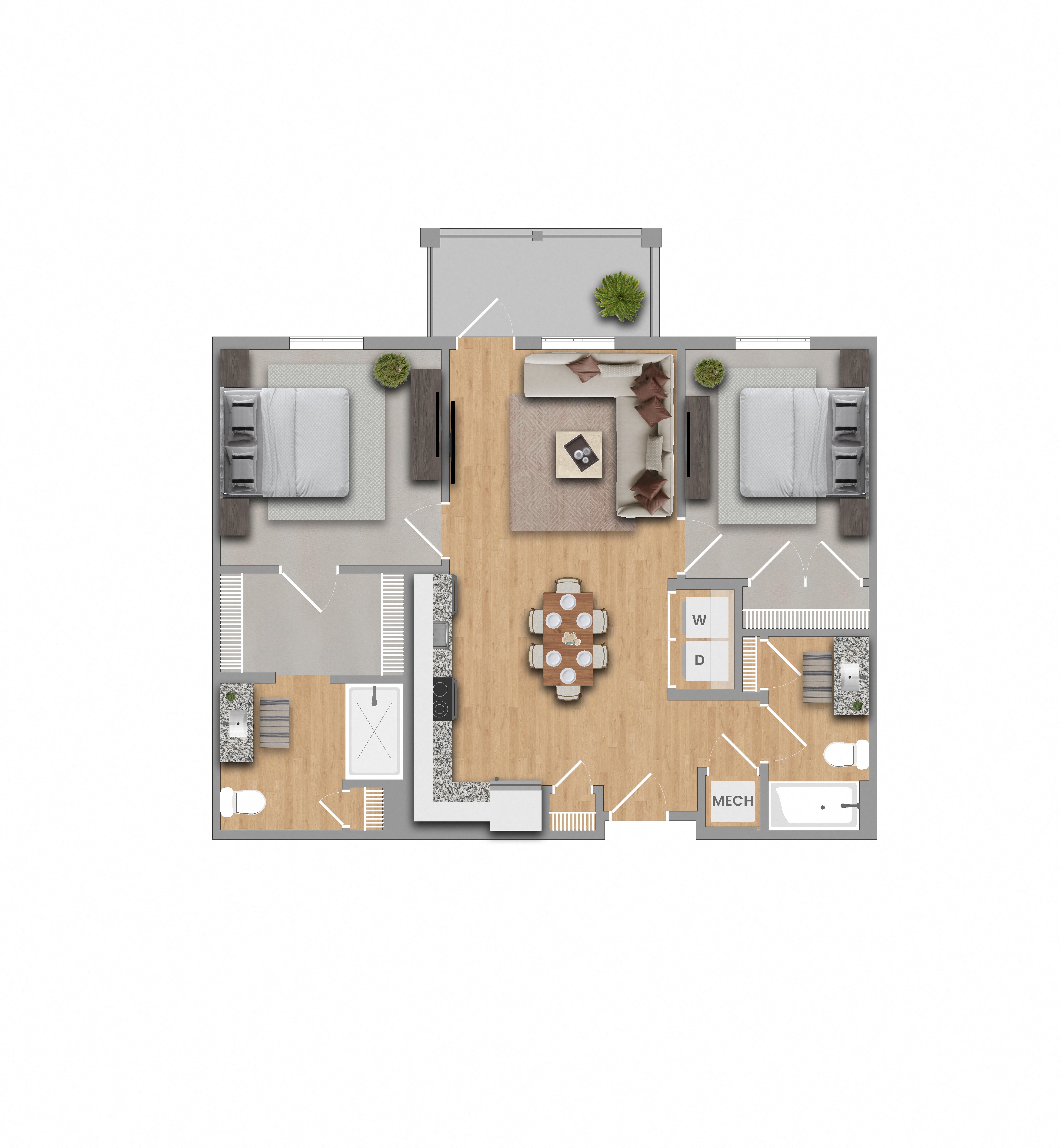 Floor plan for 2 beds, 2 baths, 965 sqft